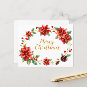 Cartão Postal Feliz Natal Floral Wreath