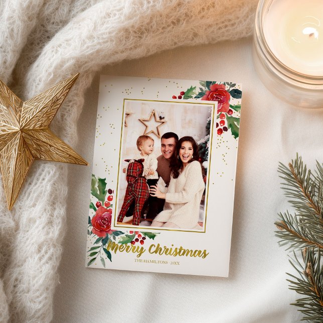 Cartão Postal Feliz Natal Flores Vermelhas Férias Foto (Criador carregado)