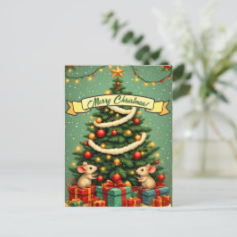 Cartão Postal Feliz Natal Fofo Árvore Vitoriana Feliz Ratos