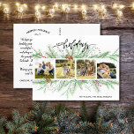 Cartão Postal Feliz Natal Foto Colagem Woodland Pine Boughs<br><div class="desc">Celebre a temporada com este cartão-postal divertido com 4 fotos enquadradas por pinos boughs e pine cones e as palavras manuscritas "Felizes Feriados" A parte traseira apresenta sua nota personalizada ou, se você quiser, exclua a nota digitada e escreva manualmente cada cartão-postal individualmente. Adicione seu endereço de devolução para facilitar...</div>