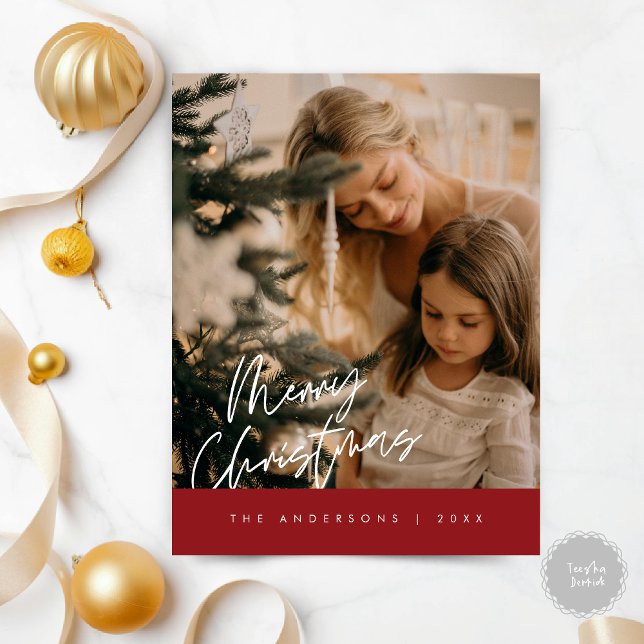 Cartão Postal Feliz Natal - Foto da Família, Marinho Azul (Modern Season Greeting, Merry Christmas Family Photo Postcard in red)