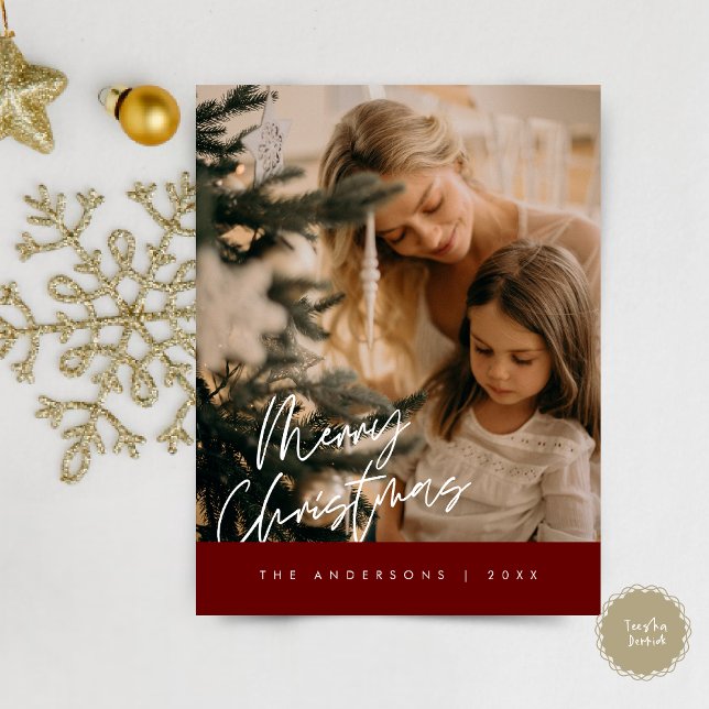 Cartão Postal Feliz Natal - Foto da Família, Marinho Azul (Modern Season Greeting, Merry Christmas Family Photo Postcard in burgundy red)