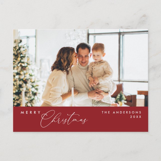 Cartão Postal Feliz Natal - Foto da Família, Vermelho Escuro (Frente)