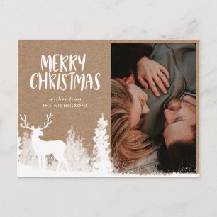 Cartão Postal Feliz Natal Foto Veado Branco Papel Kraft