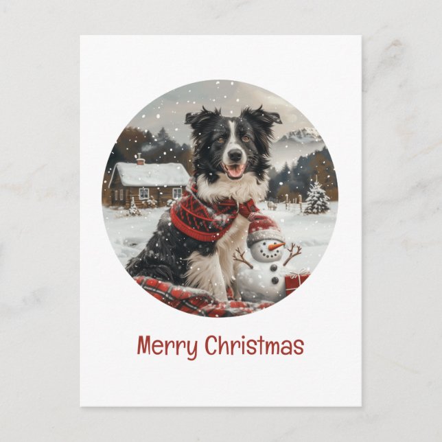 Cartão Postal Feliz Natal Fronteira Collie Dog Snowman (Frente)