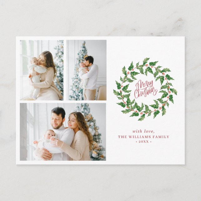 Cartão Postal Feliz Natal | Frutas de Azevinho | 3 Fotos Feriado (Frente)