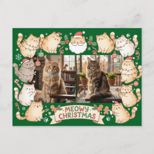 Cartão Postal Feliz Natal Gatinho Desenho Animado Dois Fotos