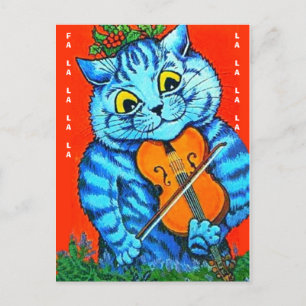 Cartão Postal Feliz Natal Gato Holly & Violin Fal-La-La-La-La