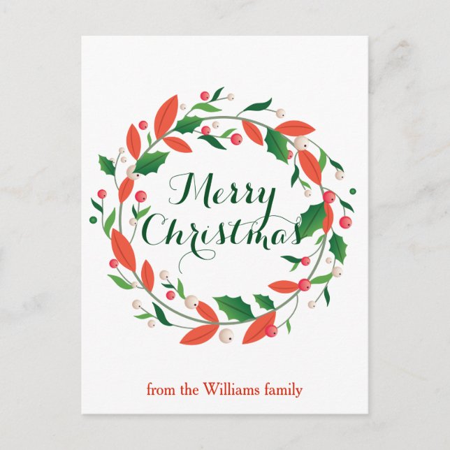 Cartão Postal Feliz Natal Holly Wreath Tradicional Personalizada (Frente)