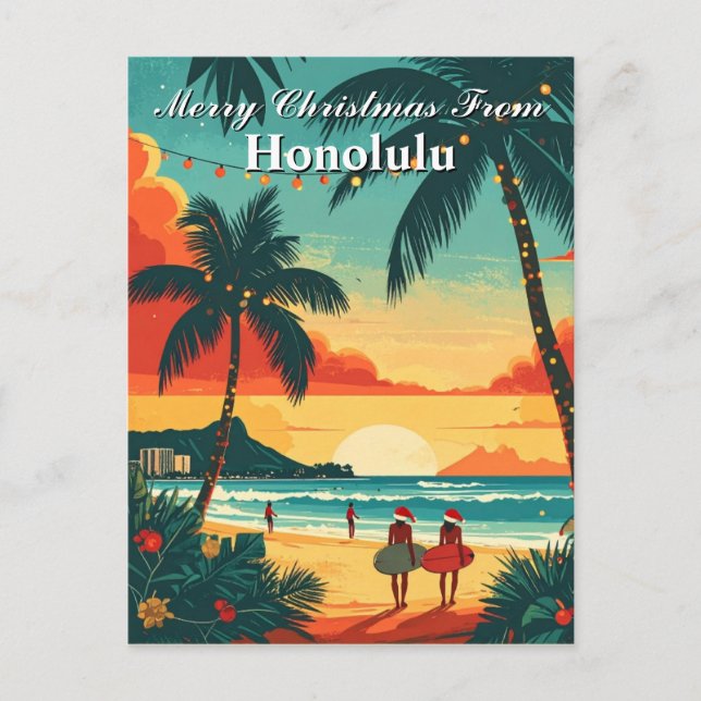 Cartão Postal Feliz Natal Honolulu Tropical Beach Sunset (Frente)