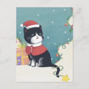 Cartão Postal Feliz Natal: Ilustração de Gato em Arte