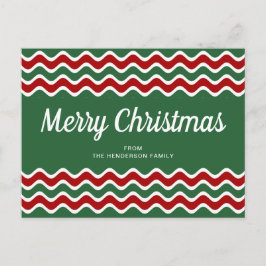 Cartão Postal Feliz Natal Listras de Onda Verde Vermelho Fofo