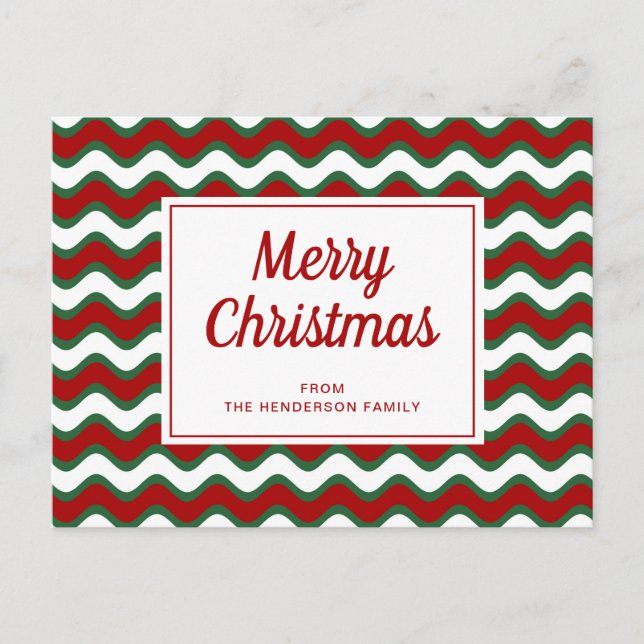 Cartão Postal Feliz Natal Listras de Onda Vermelho Verde   (Frente)