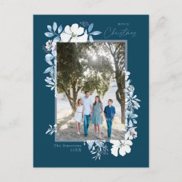 Cartão Postal Feliz Natal Moldura Floral Aquarela Azul escuro