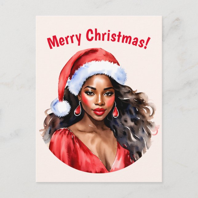 Cartão Postal Feliz Natal Mulher Negra Santa Hat (Frente)