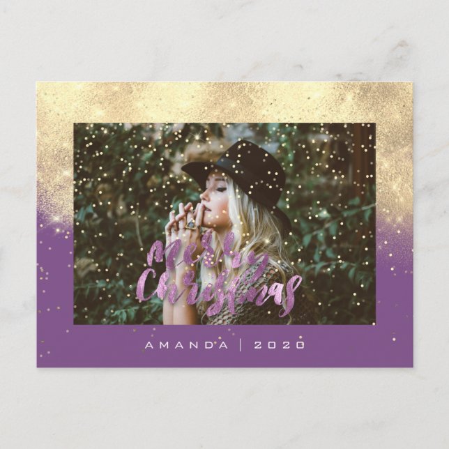 Cartão Postal Feliz Natal Neve Púrpura Dourada Fotografia Glitte (Frente)