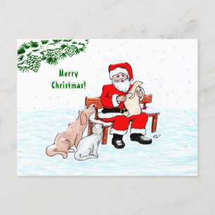 Cartão Postal Feliz Natal! Papai Noel com Gato e Cão