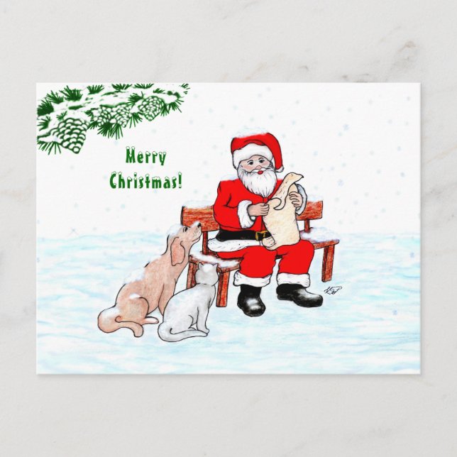 Cartão Postal Feliz Natal! Papai Noel com Gato e Cão (Frente)