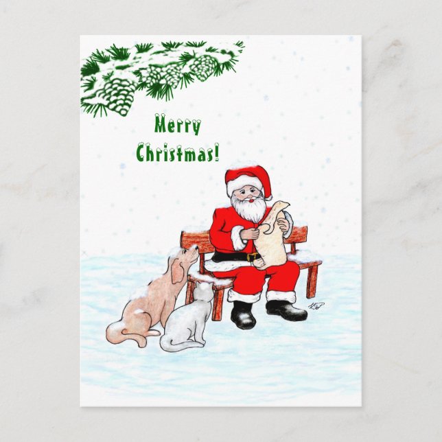 Cartão Postal Feliz Natal! Papai Noel com Gato e Cão (Frente)