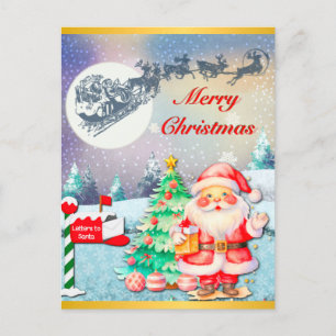 Cartão Postal Feliz Natal Papai Noel, Trenó, Rena, Floco de Neve