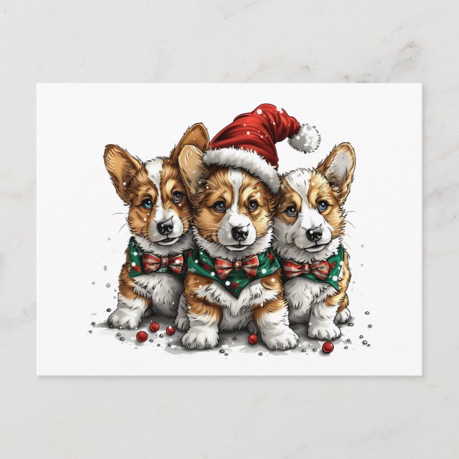 Cartão Postal Feliz Natal Pembroke Welsh Corgi Puppies (Frente)