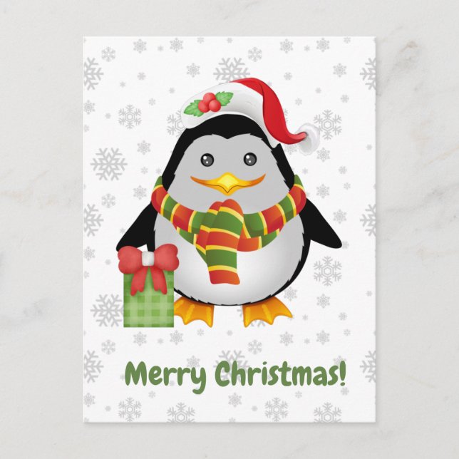 Cartão Postal Feliz Natal Pinguim de Natal Fofo e Presente (Frente)