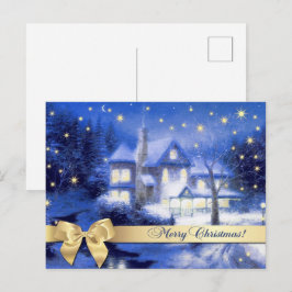 Cartão Postal Feliz Natal. Pintura da Vila Snowy de Natal