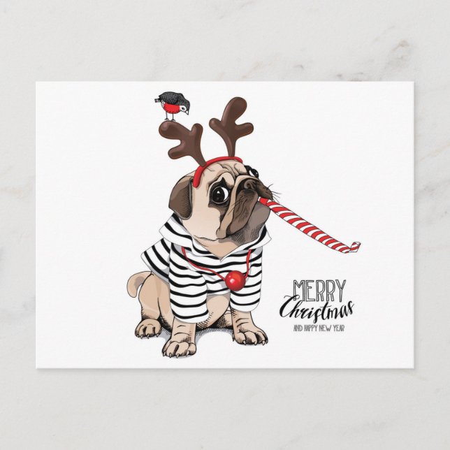Cartão Postal Feliz Natal | Pug Reindeer (Frente)