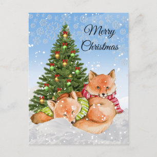 Cartão Postal Feliz Natal Raposas / Férias da Vida Selvagem