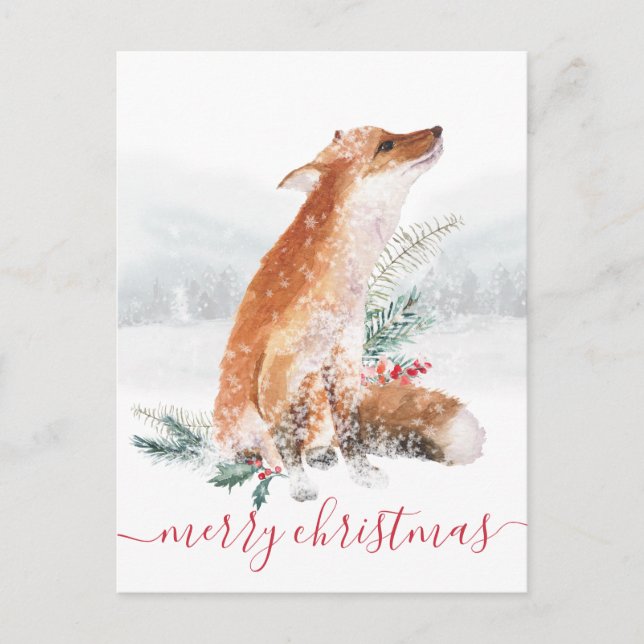 Cartão Postal Feliz Natal Red Fox Winter Woodland Holiday (Frente)