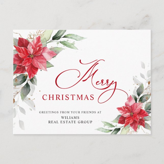 Cartão Postal Feliz Natal Red Poinsettia Saudação Corporativa (Frente)