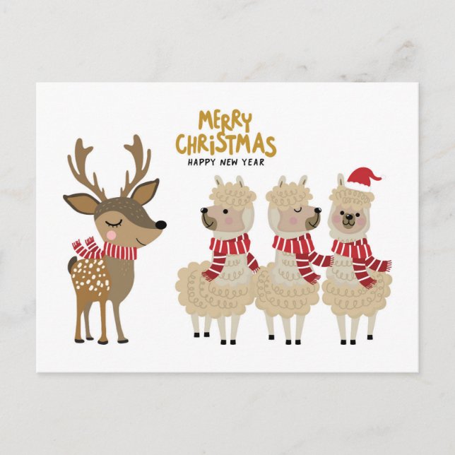 Cartão Postal Feliz Natal | Reindeer e Alpacas (Frente)