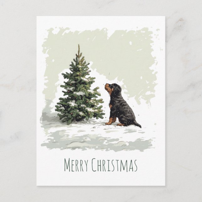 Cartão Postal Feliz Natal Rottweiler Cachorro Árvore de Natal (Frente)