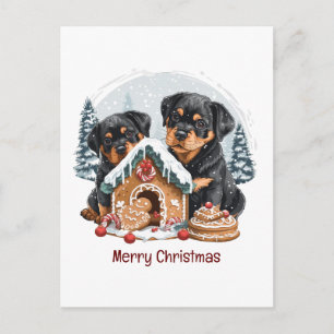 Cartão Postal Feliz Natal Rottweiler Cães Gingerbis House