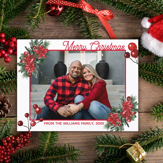 Cartão Postal Feliz Natal vermelho bagas holly foto floral (Criador carregado)