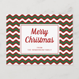 Cartão Postal Feliz Natal Vermelho Verde Bandas Brancas Ondas
