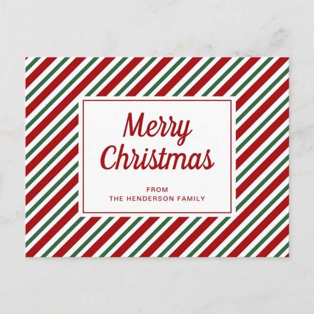 Cartão Postal Feliz Natal Vermelho Verde, Padrão Branco Riscado (Frente)