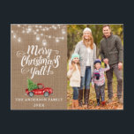 Cartão Postal Feliz Natal! Vês Fotografias Burlap Truck<br><div class="desc">Cartaz da família Mason Jars Holiday - Watercolor Vintage Red Truck com árvore de Natal</div>