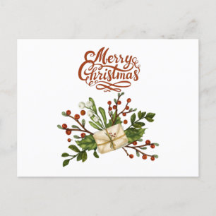 Cartão Postal Feliz Natal Watercolor Holly Berry e Cartas