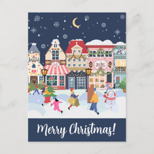 Cartão Postal Feliz Natal Whimsy Winter Town Personalize
