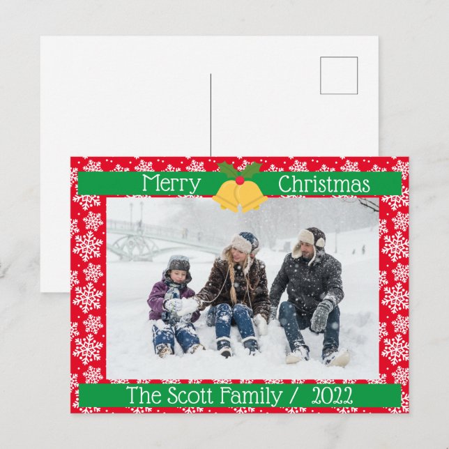 Cartão Postal Feliz Natal White Snow Family Foto Red (Frente/Verso)