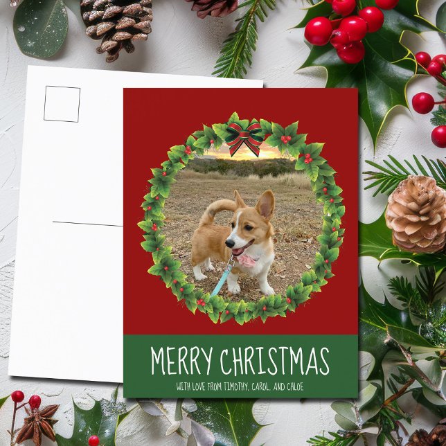 Cartão Postal Feliz Natal Wreath Cachorro Personalizado Vermelho (Criador carregado)
