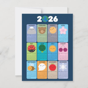 Cartão Postal Feliz Natureza Kawaii Calendário 2026