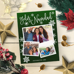Cartão Postal Feliz Navidad Floco de Neve Rústico 3 Fotos Natal