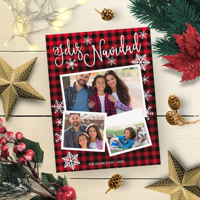 Cartão Postal Feliz Navidad Snowflake Rustic 3 Fotos Natal (Criador carregado)