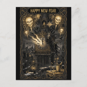 Cartão Postal "FELIZ NOVO MEDO" Torre de Relógio Gótica Ano Novo