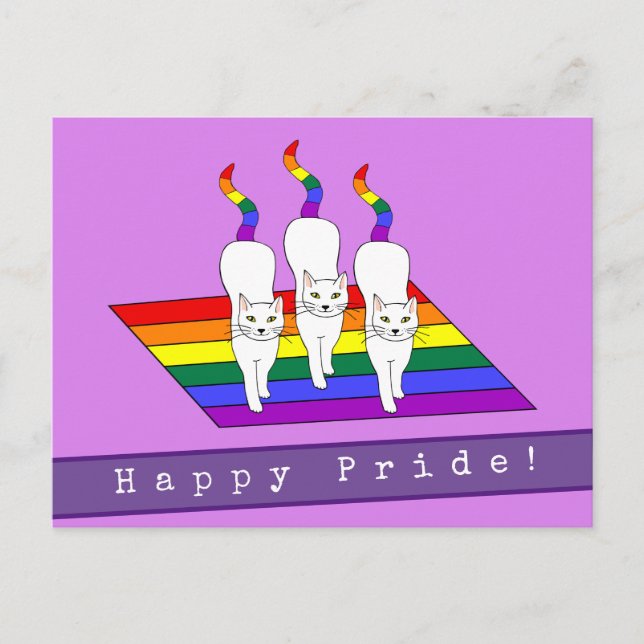 Cartão Postal Feliz Orgulho Gato LGBT Com Bandeira Arco-Íris (Frente)