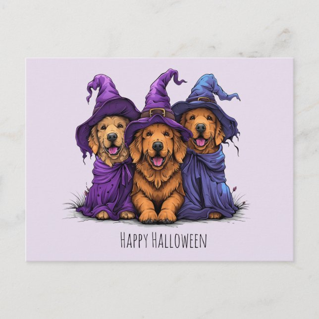 Cartão Postal Feliz Ouro de Halloween Bruxas dos Cachorros do Re (Frente)