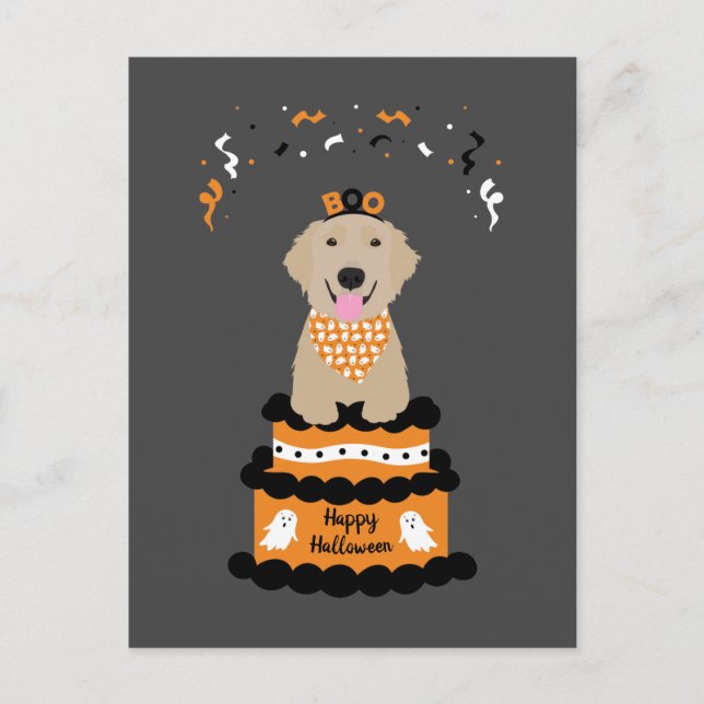 Cartão Postal Feliz Ouro de Halloween Retriever Spooky Ghost Boo (Frente)