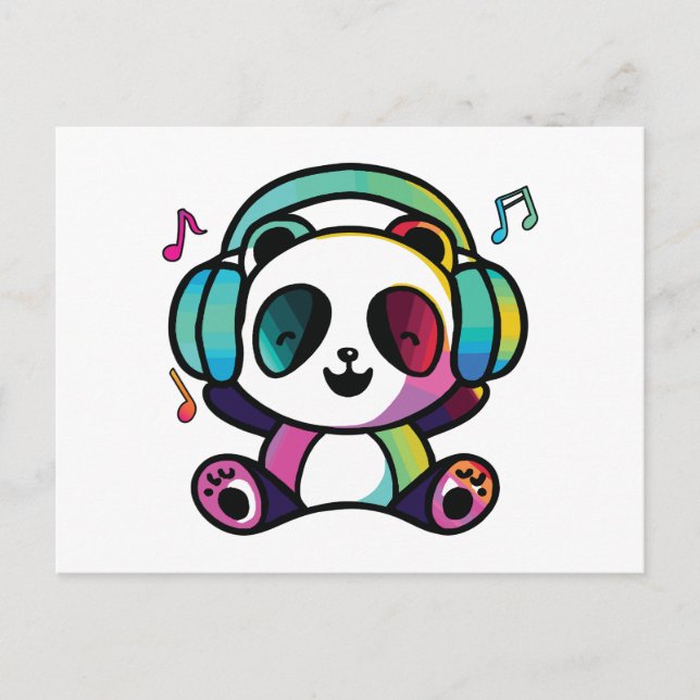 Cartão Postal Feliz Panda com fones de ouvido ouvindo música. (Frente)